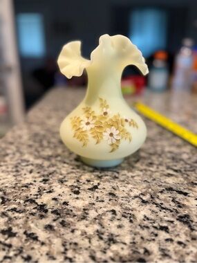 Fenton Custard Glass Floral Ruffled Vase hand painted and signed